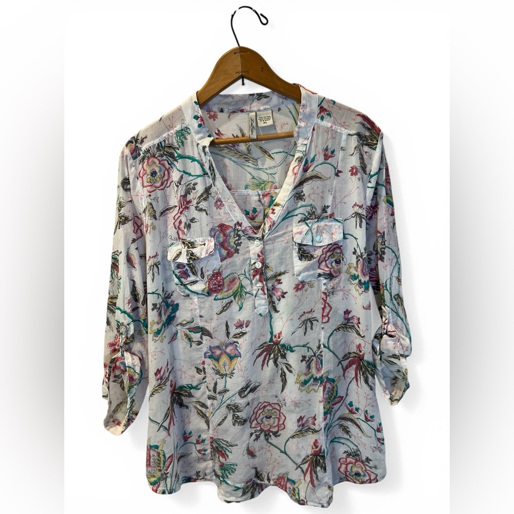 Floral 100% Cotton Henley Tunic Top by Love Potion - Size XL
